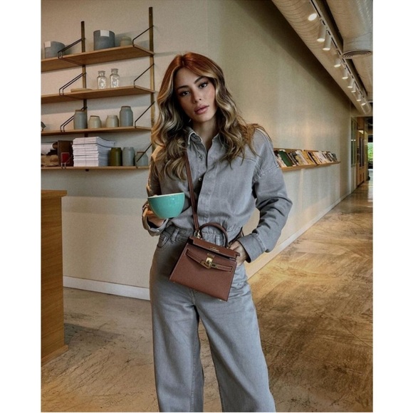 Zara Taupe Denim Flare Leg Split Hem Jumpsuit Overalls Coveralls Blogger Fav - Picture 8 of 13